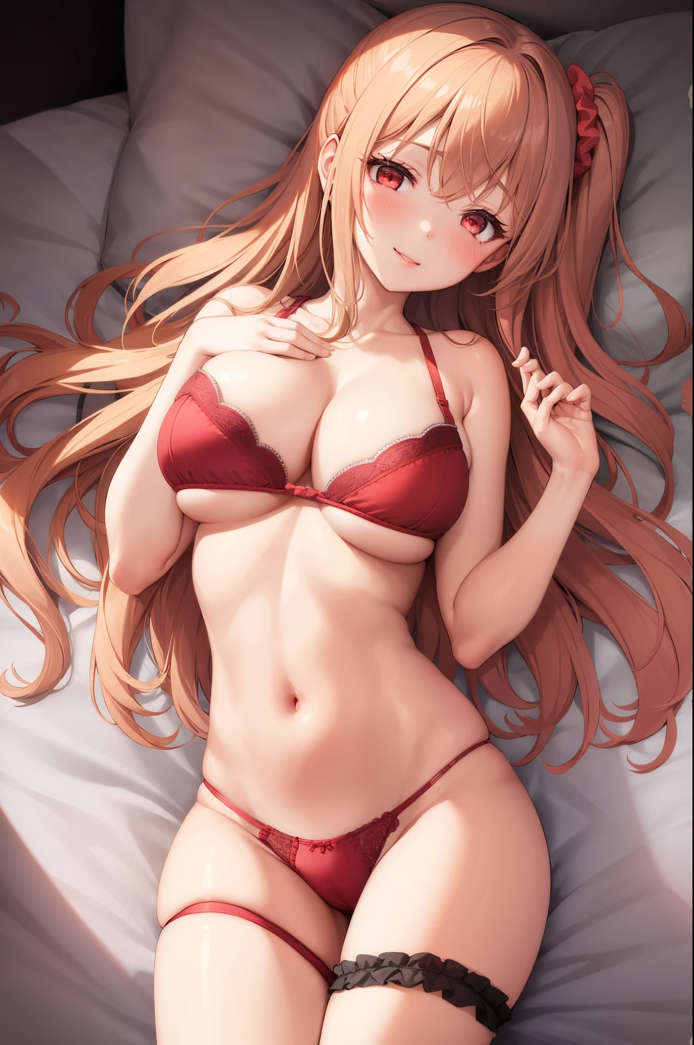 1girl, hands overing chest, blush, red eyes, bra, panty, looking at viewer, big breasts, scrunchie, parted lips, smile, solo