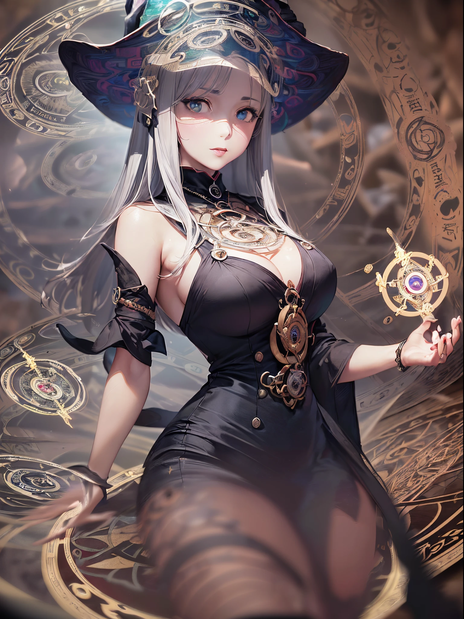 ((Finest quality)),(超A high resolution),(ultra-detailliert),(Meticulous portrayal),((Best Anime)),(Finest works of art),(Ultra-Precision Art),(The art of astounding depiction,Overwhelming depiction:1.5),(Complex and detailed fantasy art), (1 adult female:1.6),(the witch:1.8),Seductive proportions:1.7, (Blurred magic circle:1.7)