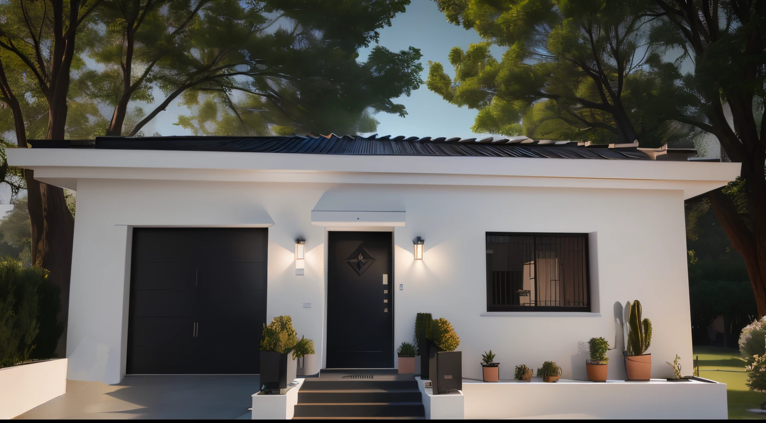 There is a white house with a black door and a black door, estilo fotorrealista, lumion rendering, estilo fotorrealista, em estilo de ultra realista, realista estabelecendo tiro, high-quality render, renderizado no lumion pro, professional render, estilo realista, photorealistic render, Photorealistic rendering, lumion rendering, exterior grande angular 2022