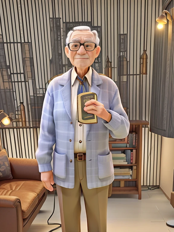 A wise old man standing in front, illuminated by the light of a lamp, against the backdrop of a library