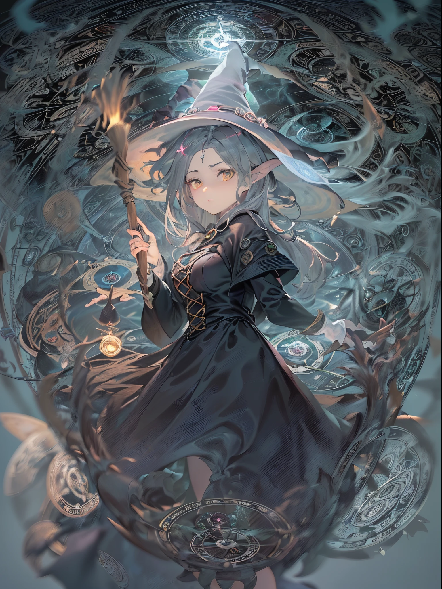 ((Finest quality)),(超A high resolution),(ultra-detailliert),(Meticulous portrayal),((Best Anime)),(Finest works of art),(Ultra-Precision Art),(The art of astounding depiction,Overwhelming depiction:1.5),(Complex and detailed fantasy art), (1 adult female:1.6),(the witch:1.8),Seductive proportions:1.7, (Blurred magic circle:1.7)