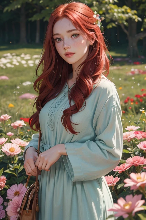 red-haired girl, fair skin, grayish green eyes, freckles on her cheeks, high-quality portrait, traditional oil painting, ultra-detailed brushwork, soft lighting, vibrant colors, delicate features, expressive eyes, subtle smile, flowing red hair, unique dress, standing in a blooming garden, surrounded by colorful flowers, peaceful atmosphere, realistic and lifelike, rich texture, masterful composition.