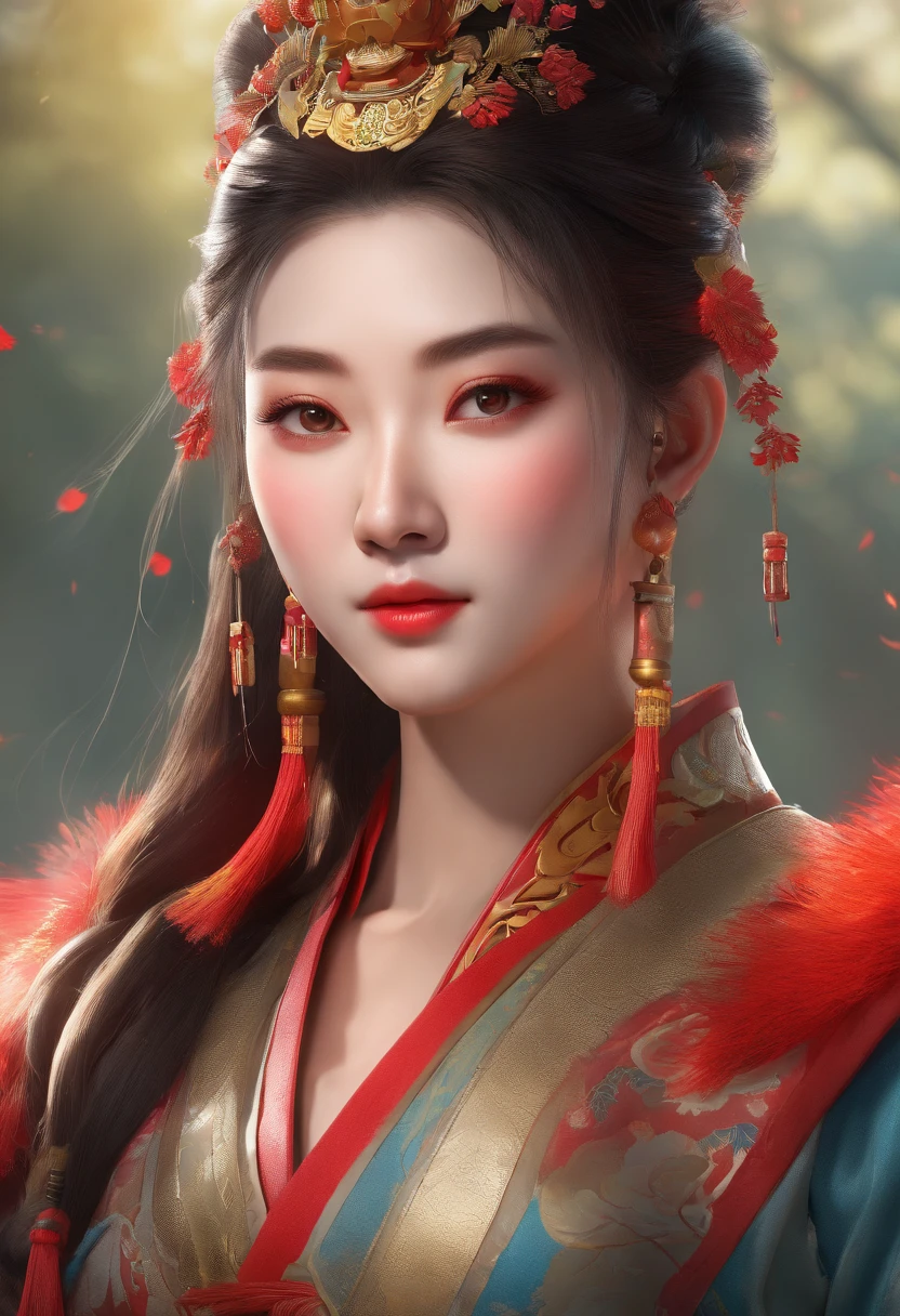 (a Chinese warrior, a Chinese princess),illustration,traditional Chinese painting,authentic style,beautiful detailed eyes,beautiful detailed lips,lush garden scenery,traditional clothing,golden and red color scheme,soft natural lighting,meticulous brushwork,detailed facial features,dynamic poses,enchanting atmosphere,high resolution,perfect color balance,exquisite details