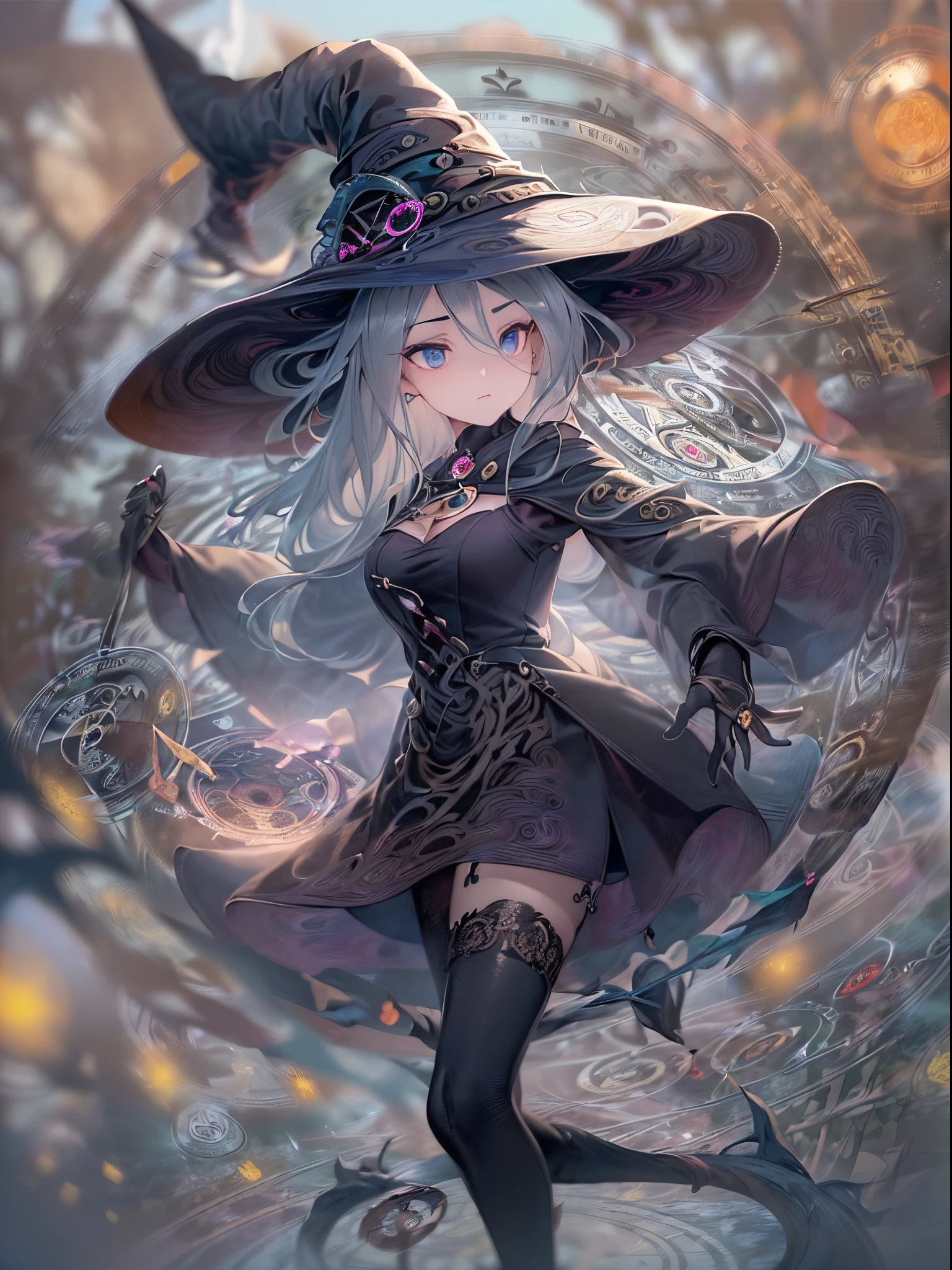 ((Finest quality)),(超A high resolution),(ultra-detailliert),(Meticulous portrayal),((Best Anime)),(Finest works of art),(Ultra-Precision Art),(The art of astounding depiction,Overwhelming depiction:1.5),(Complex and detailed fantasy art), (1 adult female:1.6),(the witch:1.8),Seductive proportions:1.7, (Blurred magic circle:1.7)
