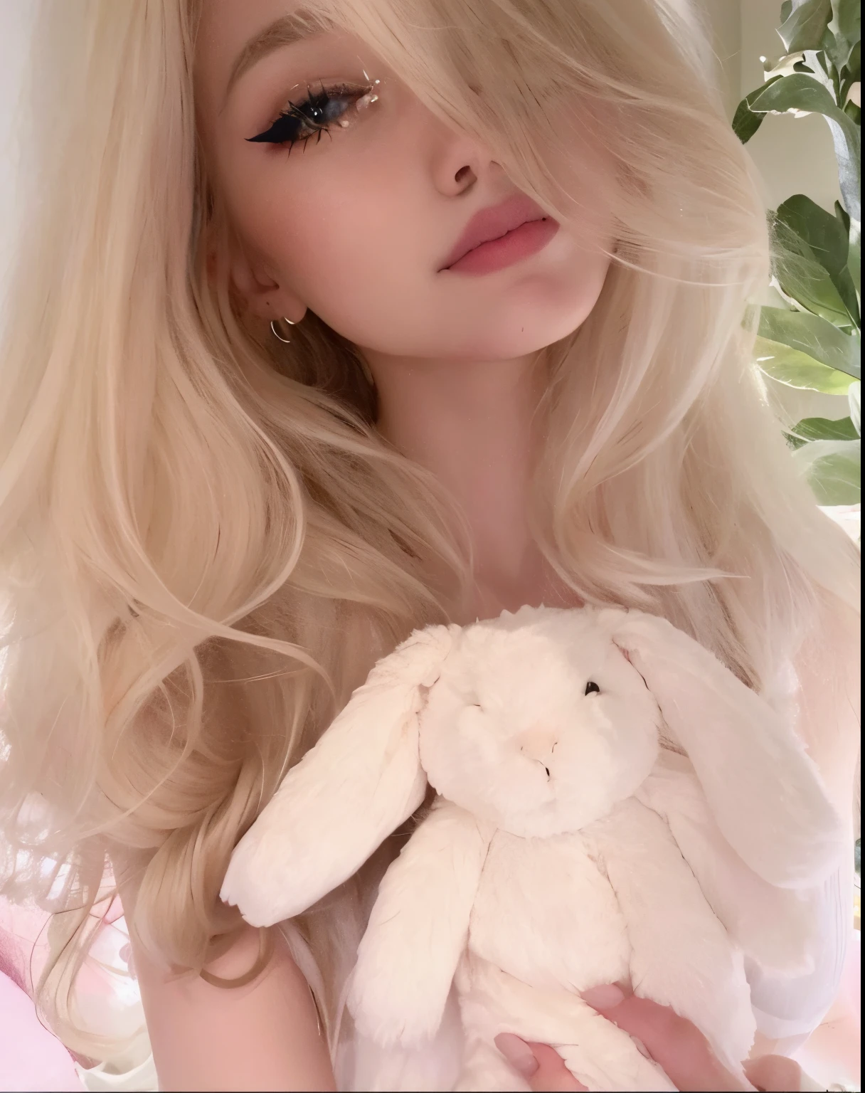 Blond haired woman holding a stuffed bunny in her hands, ava max, Retrato de Kim Petras, extremely pale blond hair, Ellie Bamber Fada, ultrarrealista doce coelhinho , linda Delphine, Amouranth, com orelhas de coelho, longos cabelos loiros e olhos grandes, meninaita de cabelos brancos, coelhinho menina, com  cabelos loiros, very very pale blond hair