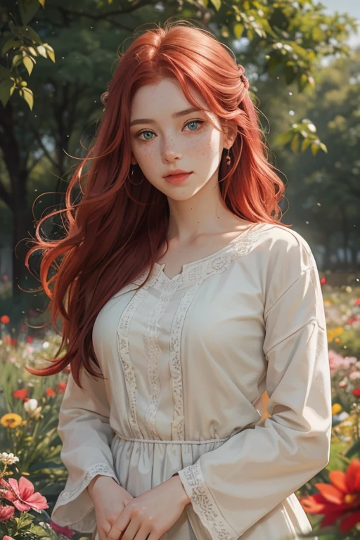 red-haired girl, fair skin, grayish green eyes, freckles on her cheeks, high-quality portrait, traditional oil painting, ultra-detailed brushwork, soft lighting, vibrant colors, delicate features, expressive eyes, subtle smile, flowing red hair, unique dress, standing in a blooming garden, surrounded by colorful flowers, peaceful atmosphere, realistic and lifelike, rich texture, masterful composition.
