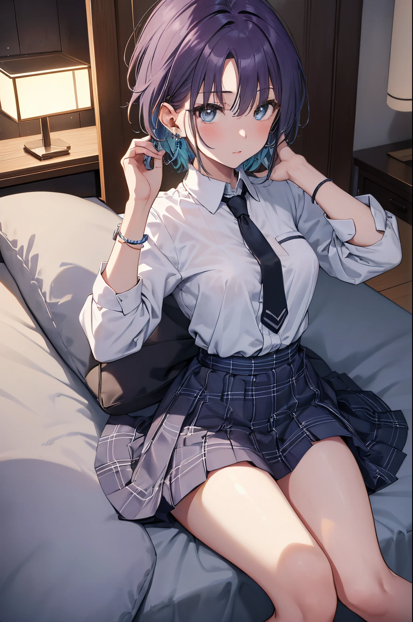 ⓪Action:(arms behind head: 1.0), spread legs, lie down,
①Quality:masterpiece, 8k, extremely detailed CG, Ultra-detailed, (((Perfect hands:1.2))), (((Perfect Anatomy:1.2))), 1 girl, beautiful face: 1.1,
②Lighting:brightening light, moody lighting, nature lighting, Best Illumination,
③ part: small breasts, Beautiful breasts, beautiful nipples, shiny hair, floating hair, sparkling pupils, happy, detailed face, detailed eyes, detailed skin ④Style: animation, illustration, (blush:1.0),
⑤Subject:(Toru Asakura: 1.3), (short hair: 1.3), (Parted Bangs: 1.3), (blue hairs、gradation hair、multi color hair、Parted bangs、Purple hair),
⑥Environment: Bedrooms,penthouse, Suite Room, Spacious double bed, (luxurious bedroom: 1.3),
⑦Construction:full body, Looking at Viewer, very wide shot, from below,
⑧Costume(open collar, school uniform, rolled up sleeves, wristband, earrings), (earrings, cardigan, cardigan waistband, waistband), (plaid, pleated skirt, skirt, light gray plaid skirt), (simple loose black necktie), light gray blazer school uniform, navy high socks, loafers ⑨Others:(Waiting for a kiss、Toned waist、slender body、small head、Seven-headed body, beauty legs, Footboard beauty),