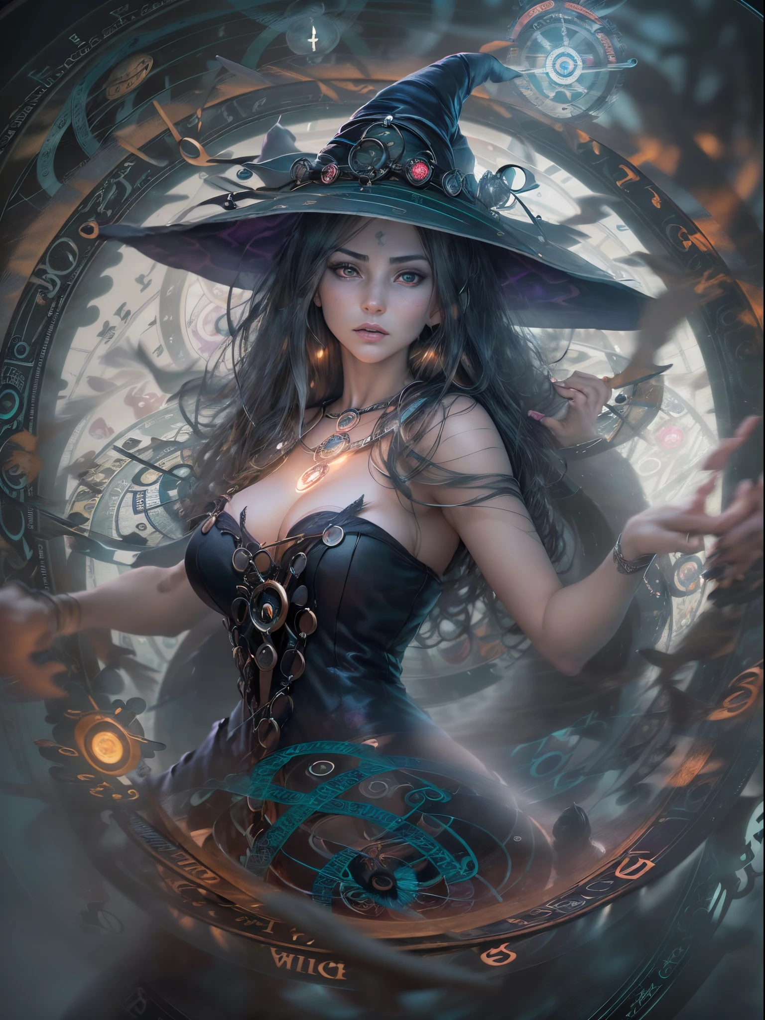 ((Finest quality)),(超A high resolution),(ultra-detailliert),(Meticulous portrayal),((Best Anime)),(Finest works of art),(Ultra-Precision Art),(The art of astounding depiction,Overwhelming depiction:1.5),(Complex and detailed fantasy art), (1 adult female:1.6),(the witch:1.8),Seductive proportions:1.7, (Blurred magic circle:1.7)