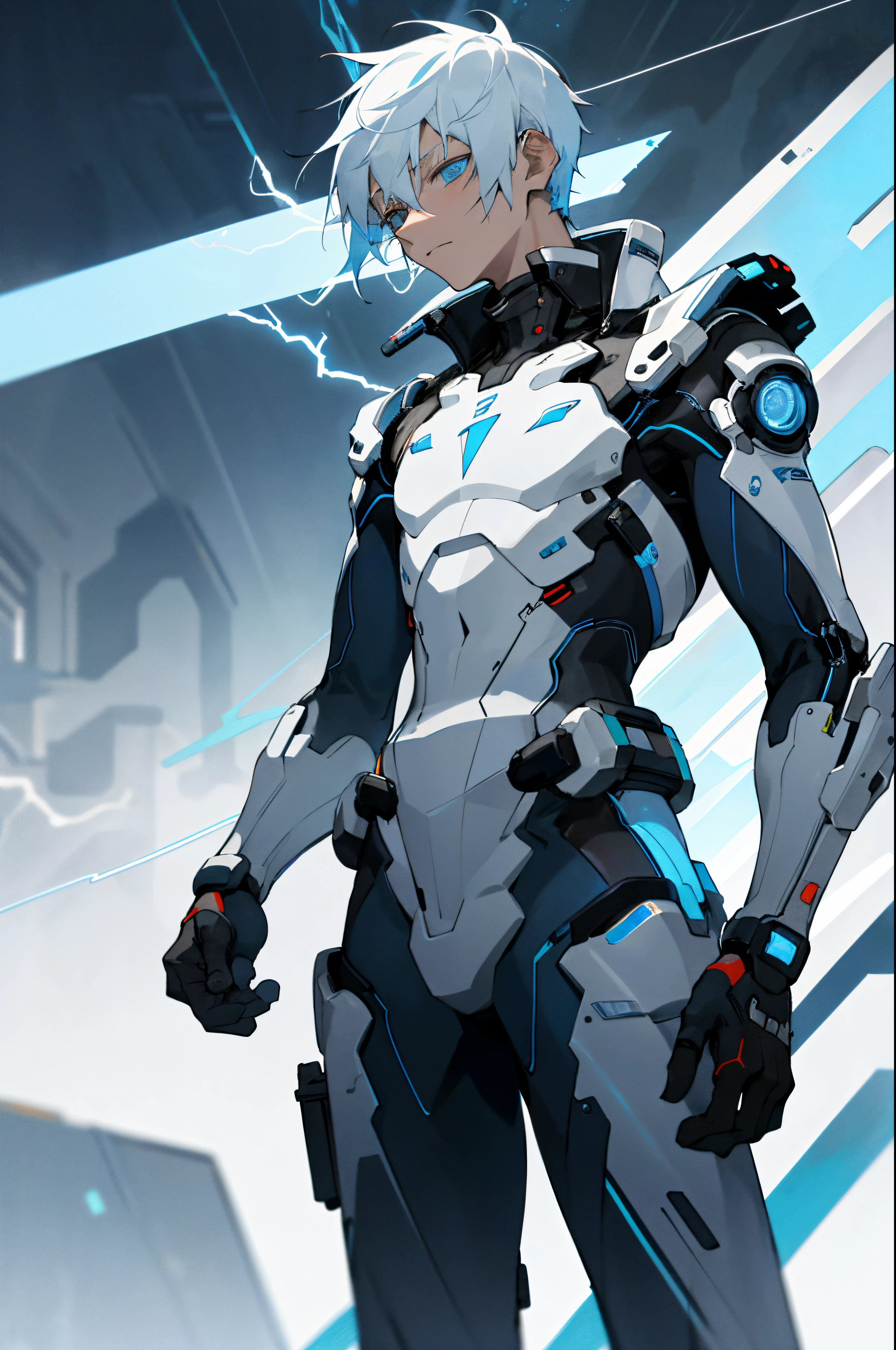 A -yeld teith an albino skin tone. He is an engineer and artificer, without facial or body hair. His hair is short and straight, colored white. The boy is wearing a futuristic cyberpunk in black and blue, futuristic style clothes, adorned with white lightning patterns. He is surrounded by an aura of white lightning, with a background featuring a scenery of rapid lightning and thunder.