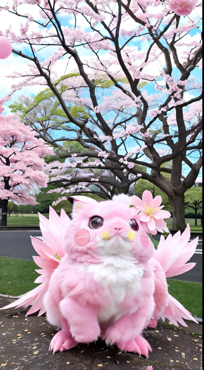 There is a pink Pokemon in the middle of the park......., sakura bloomimg, the non-binary deity of spring, sakura petals around her, sakura season, cheeryblossom, under a cherry blossom tree, Green grass々and cherry blossoms, sakura trees in the background, けもの, flowing sakura-colored silk, huge flower