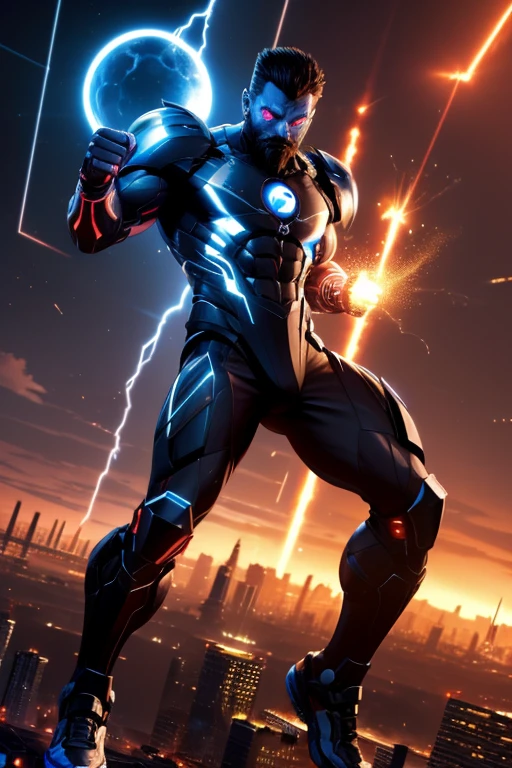 A muscular man with scars on his arm and marks. ultra cyber costume on abdomen . His skin is white. Ele tem cabelo longo preto amarrado nas laterais. Ele tem uma barba pequena. His eyes are black and his gaze is threatening.. Ele usa roupas de geral. He is also very tall and has a menacing aura........................................... (Flying punching towards the ground making a crater in the city) Releasing lightning through the hands
