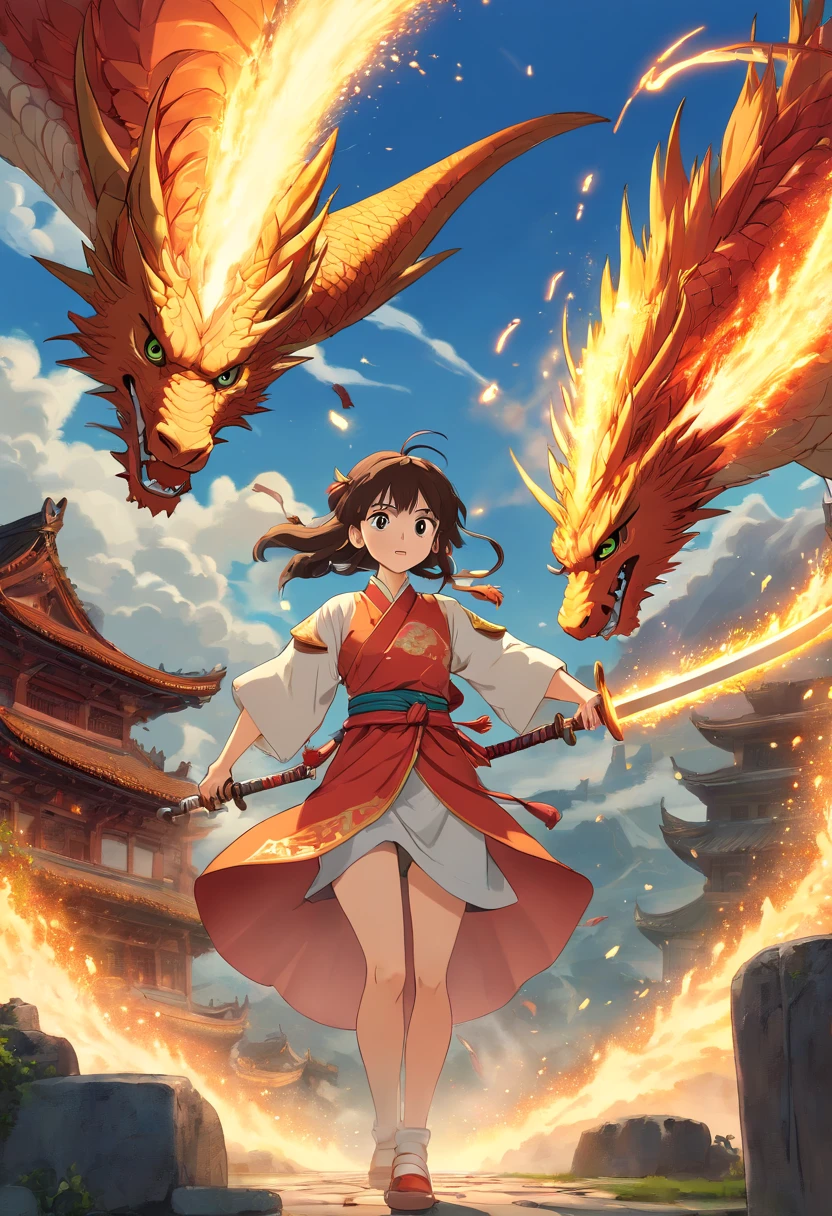 (best quality,4k,8k,highres,masterpiece:1.2),HDR,ultra-detailed,(realistic,photorealistic,photo-realistic:1.37),chinese warrior,chinese princess,chinese dragon,fierce battle,authentic costumes,detailed facial features,courageous expressions,breathtaking scenery,authentic chinese architecture,intense action,martial arts,wind-swept hair,golden scales,fiery breath,captivating storytelling,magnificent dragon wings,emotional intensity,rich color palette,dynamic lighting,dramatic shadows,mythical creatures,densely packed scenes,ancient ruins,traditional motifs,symbolic weapons,fantasy elements,hidden powers,clashing swords,ancient legends,heroic stance,epic conflict,harmonious composition,exquisite details,colorful firework displays,explosive energy,majestic presence,mystical atmosphere,noble heritage,unforgettable battle scene,compelling narrative.