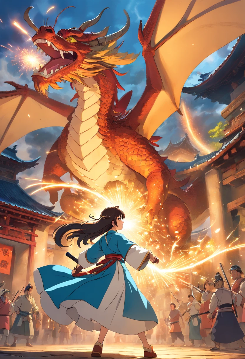 (best quality,4k,8k,highres,masterpiece:1.2),HDR,ultra-detailed,(realistic,photorealistic,photo-realistic:1.37),chinese warrior,chinese princess,chinese dragon,fierce battle,authentic costumes,detailed facial features,courageous expressions,breathtaking scenery,authentic chinese architecture,intense action,martial arts,wind-swept hair,golden scales,fiery breath,captivating storytelling,magnificent dragon wings,emotional intensity,rich color palette,dynamic lighting,dramatic shadows,mythical creatures,densely packed scenes,ancient ruins,traditional motifs,symbolic weapons,fantasy elements,hidden powers,clashing swords,ancient legends,heroic stance,epic conflict,harmonious composition,exquisite details,colorful firework displays,explosive energy,majestic presence,mystical atmosphere,noble heritage,unforgettable battle scene,compelling narrative.
