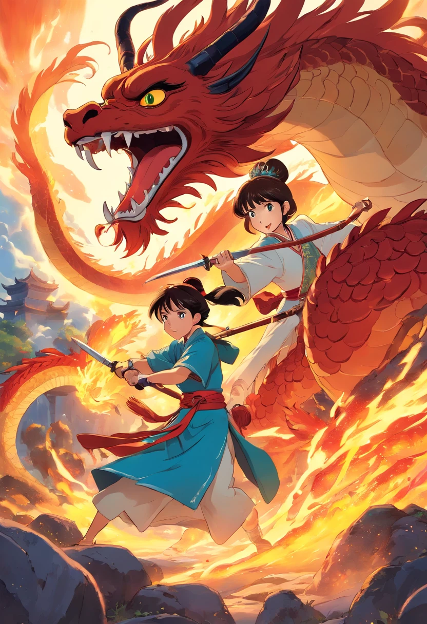 1 Chinese warrior and a Chinese princess and Chinese dragon fight