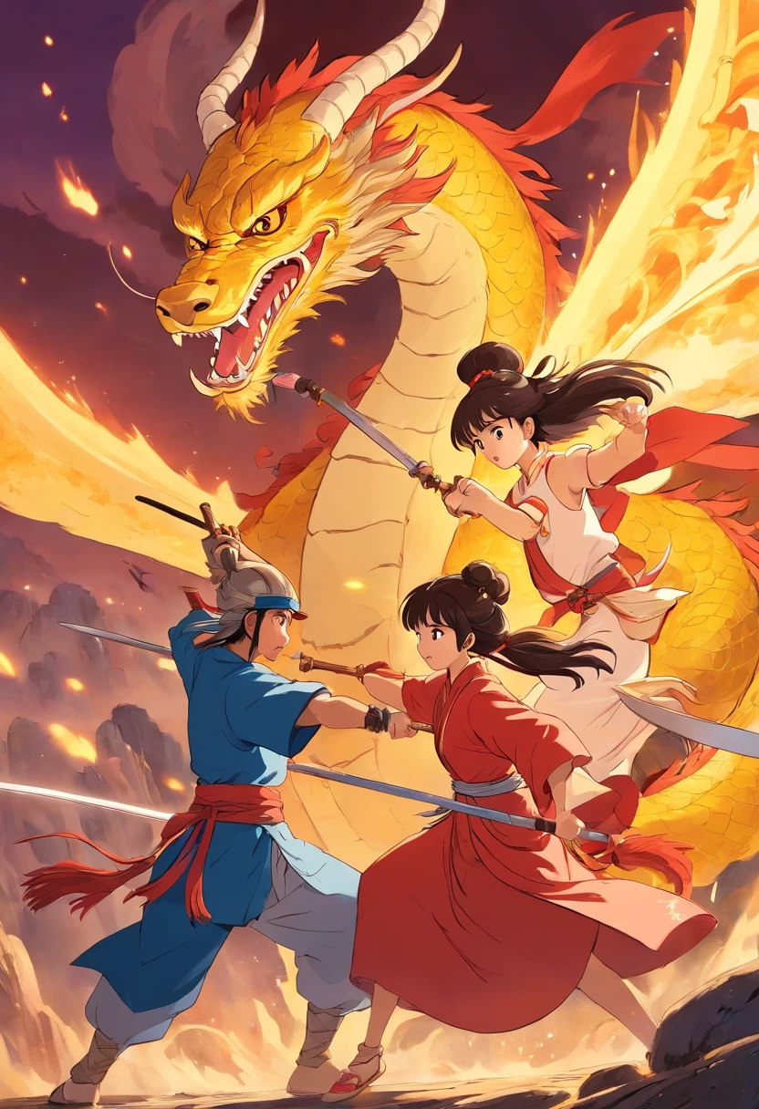 1 Chinese warrior and a Chinese princess and Chinese dragon fight
