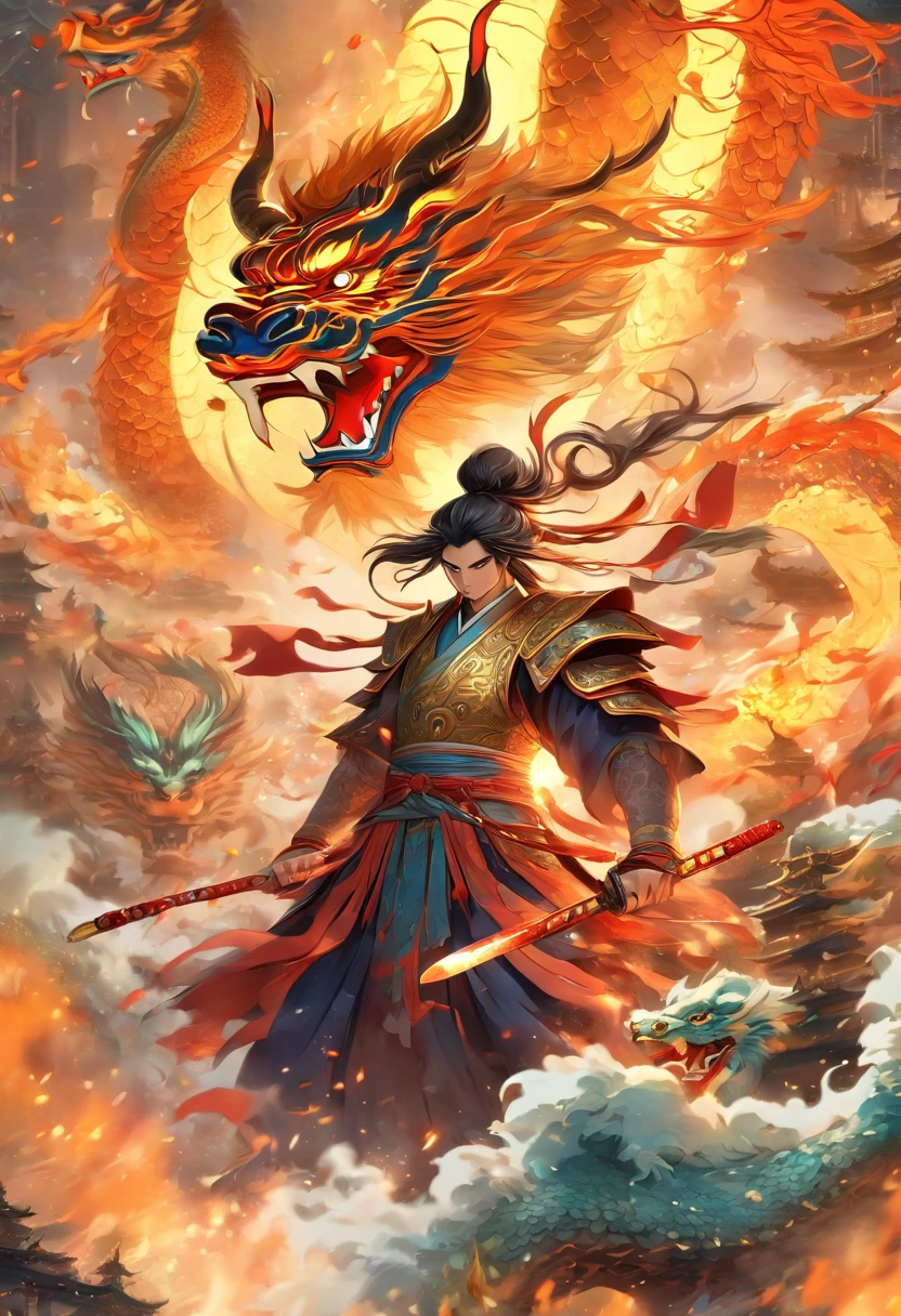 chinesischer krieger, chinesische prinzessin, chinesischer drache, intense battle, martial arts, ancient Chinese armor, beautiful detailed eyes, flowing hair, elegant traditional dress, fierce expressions, dramatic poses, dynamic movements, intricate dragon scales, vibrant colors, high-contrast lighting, epic showdown, intense atmosphere, mythical creatures, mythical landscape, ancient temple, mystical aura, traditional Chinese painting style, powerful energy, breathtaking scenery, captivating storytelling, masterful brushwork, rich cultural heritage, action-packed scene, epic fantasy, captivating narrative, high-resolution artwork. (best quality, 4k, highres, masterpiece:1.2), ultra-detailed, (realistic, photorealistic:1.37), dynamic composition.