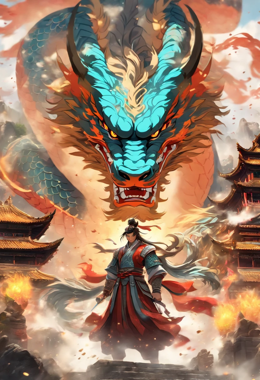 chinesischer krieger, chinesische prinzessin, chinesischer drache, intense battle, martial arts, ancient Chinese armor, beautiful detailed eyes, flowing hair, elegant traditional dress, fierce expressions, dramatic poses, dynamic movements, intricate dragon scales, vibrant colors, high-contrast lighting, epic showdown, intense atmosphere, mythical creatures, mythical landscape, ancient temple, mystical aura, traditional Chinese painting style, powerful energy, breathtaking scenery, captivating storytelling, masterful brushwork, rich cultural heritage, action-packed scene, epic fantasy, captivating narrative, high-resolution artwork. (best quality, 4k, highres, masterpiece:1.2), ultra-detailed, (realistic, photorealistic:1.37), dynamic composition.