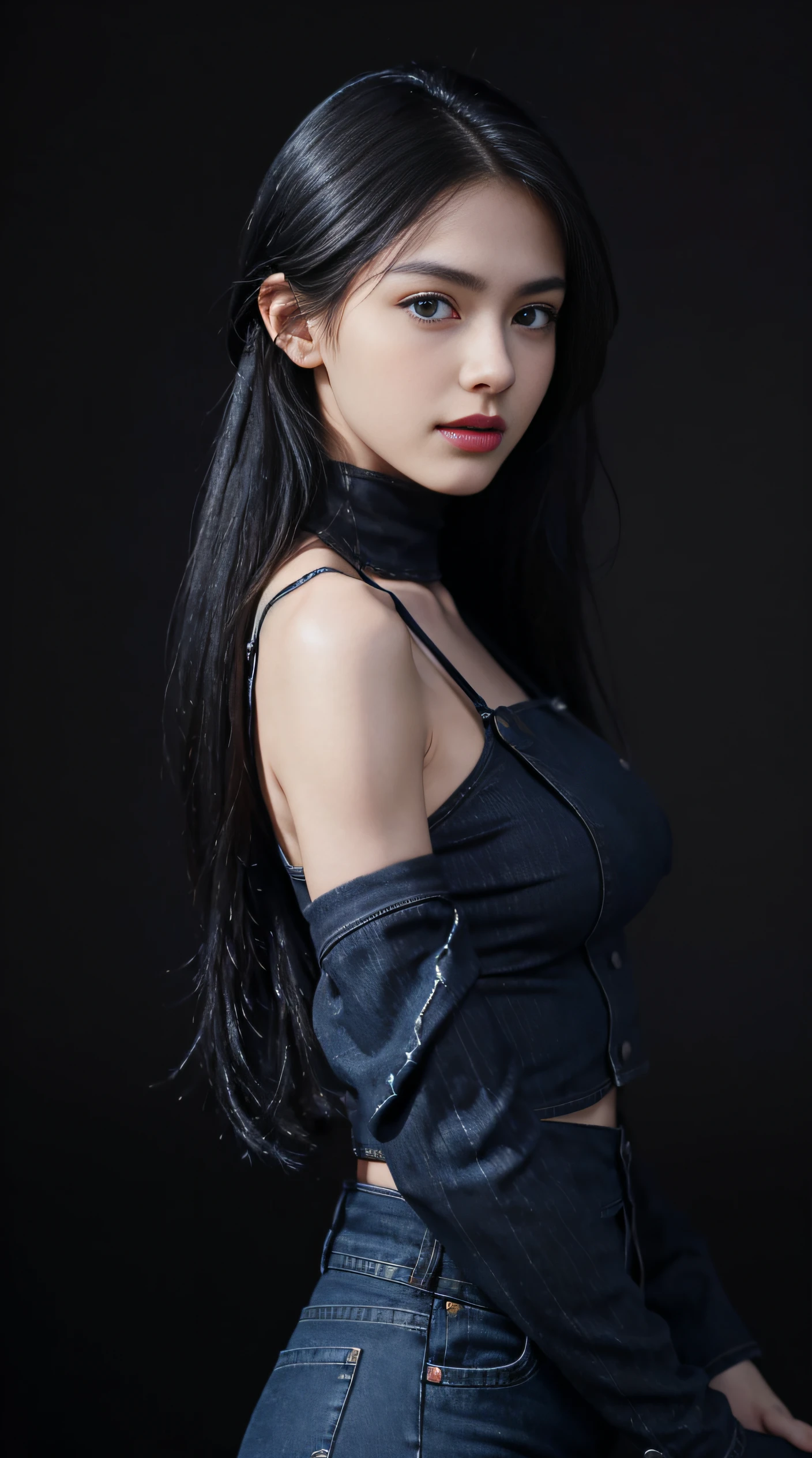 accessories,Gothic style,Quiet,Light makeup,Sexy,Peerless Beauty,Intellectual,clavicle,Neat long hair,Black Hair,Delicate face,Exquisite facial features,Sexy red sweater,,Navel,Navel,Stand Up Straight。