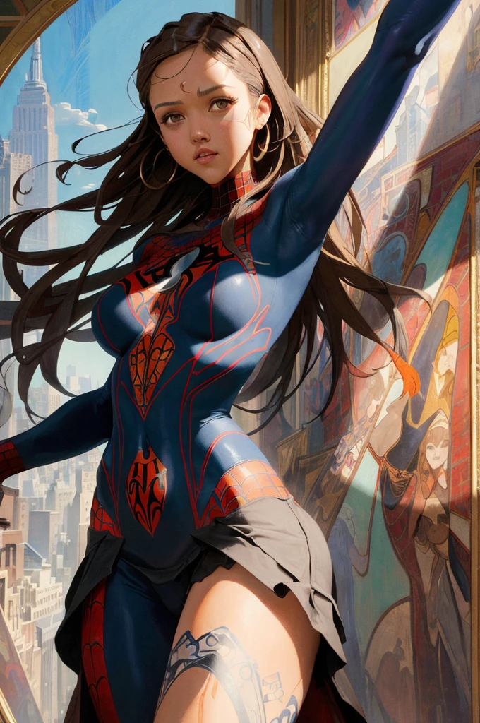 jessicaalba、Sticking out the navel、newyork、She wears a torn Spider-Man suit,wearing skirt、abstract photorealistic、artistic、Alphonse Mucha's painting(masterpiece、top-quality、hight resolution:1.4)、detaileds、intricate-detail、4K、color splashes、line-drawing、Fibonacci、