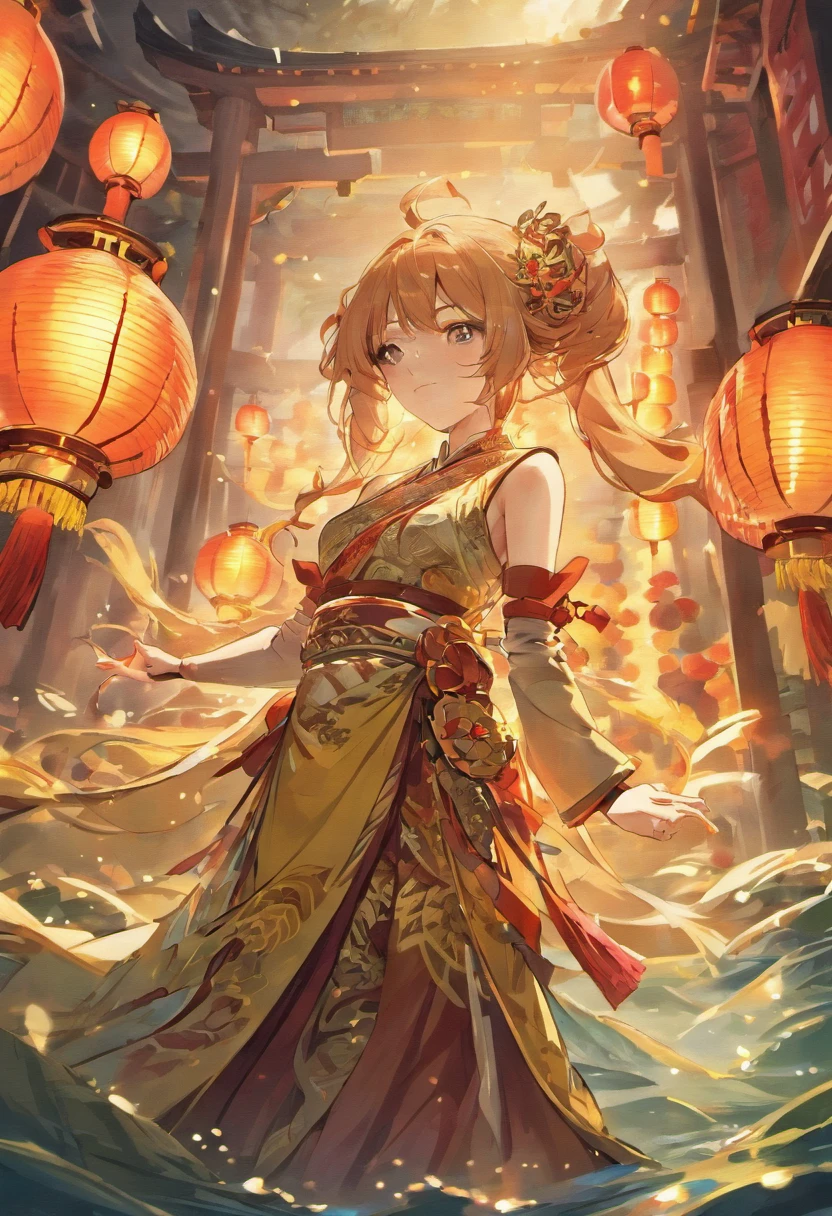 (best quality,4k,8k,highres,masterpiece:1.2),chinese warrior,1 chinesischer krieger und eine chinesische prinzessin,beautiful detailed eyes,beautiful detailed lips,extremely detailed eyes and face,longeyelashes,flowing long hair,samurai armor,golden dragon,Tang Dynasty style,courageous expression,courageous pose,graceful princess,elaborate traditional dress,breathtaking garden,floating cherry blossom petals,serene koi pond,Incredible Chinese architecture,colorful lanterns,ancient Chinese calligraphy scrolls,towering pagoda,rich red and gold color palette,majestic sunset lighting