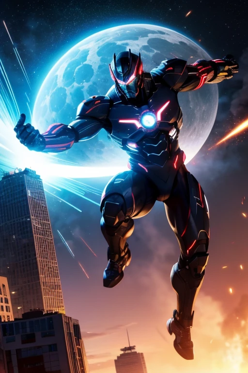 A muscular man with scars on his arm and marks. ultra cyber costume on abdomen . His skin is white. Ele tem cabelo longo preto amarrado nas laterais. Ele tem uma barba pequena. His eyes are black and his gaze is threatening.. Ele usa roupas de geral. He is also very tall and has a menacing aura........................................... (Flying punching towards the ground making a crater in the city) Liberando propulsor de raios manualmente. lutando contra robos