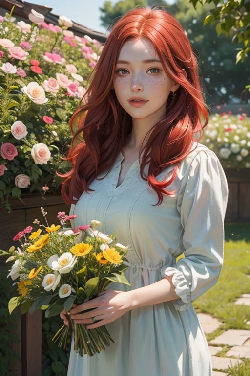 red-haired girl, fair skin, grayish green eyes, freckles on her cheeks, high-quality portrait, traditional oil painting, ultra-detailed brushwork, soft lighting, vibrant colors, delicate features, expressive eyes, subtle smile, flowing red hair, unique dress, standing in a blooming garden, surrounded by colorful flowers, peaceful atmosphere, realistic and lifelike, rich texture, masterful composition.