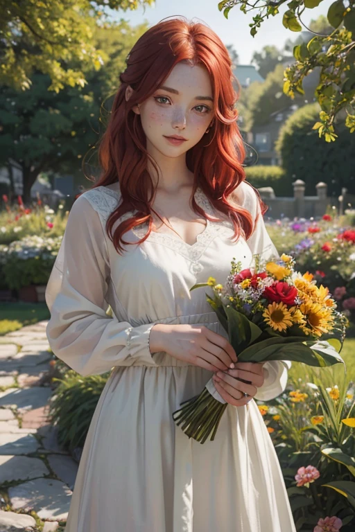 red-haired girl, fair skin, grayish green eyes, freckles on her cheeks, high-quality portrait, traditional oil painting, ultra-detailed brushwork, soft lighting, vibrant colors, delicate features, expressive eyes, subtle smile, flowing red hair, unique dress, standing in a blooming garden, surrounded by colorful flowers, peaceful atmosphere, realistic and lifelike, rich texture, masterful composition.
