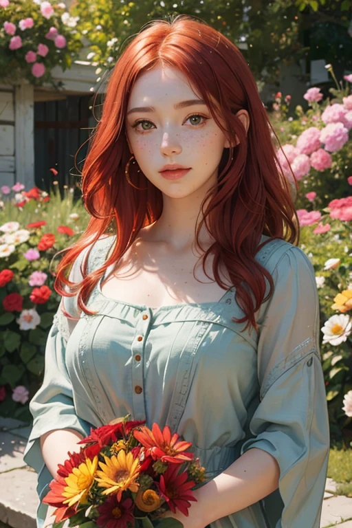 red-haired girl, fair skin, grayish green eyes, freckles on her cheeks, high-quality portrait, traditional oil painting, ultra-detailed brushwork, soft lighting, vibrant colors, delicate features, expressive eyes, subtle smile, flowing red hair, unique dress, standing in a blooming garden, surrounded by colorful flowers, peaceful atmosphere, realistic and lifelike, rich texture, masterful composition.