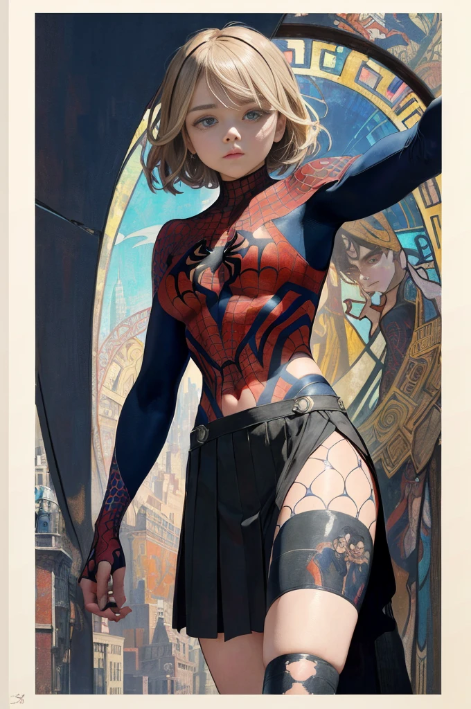 chloë grace moretz、Sticking out the navel、newyork、She wears a torn Spider-Man suit,wearing skirt、abstract photorealistic、artistic、Alphonse Mucha's painting(​masterpiece、top-quality、hight resolution:1.4)、detaileds、intricate-detail、4K、color splashes、line-drawing、Fibonacci、