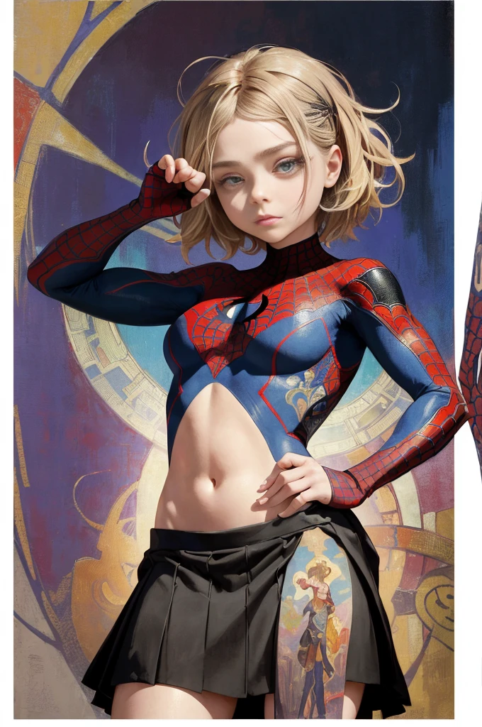chloë grace moretz、Sticking out the navel、newyork、She wears a torn Spider-Man suit,wearing skirt、abstract photorealistic、artistic、Alphonse Mucha's painting(masterpiece、top-quality、hight resolution:1.4)、detaileds、intricate-detail、4K、color splashes、line-drawing、Fibonacci、