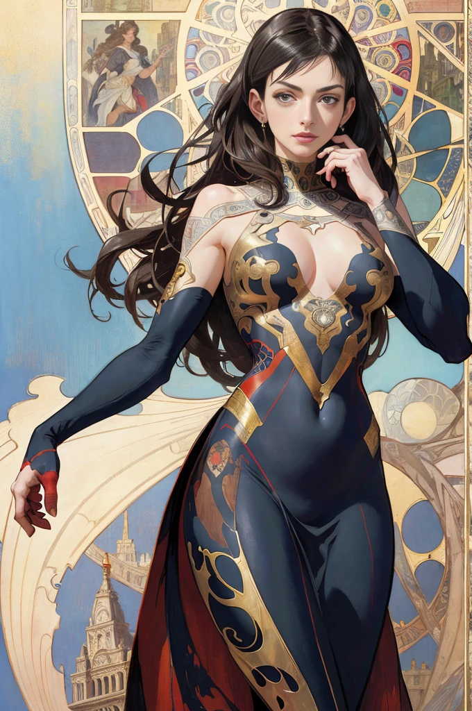 Anne Hathaway、Sticking out the navel、newyork、She wears a torn Spider-Man suit,wearing skirt、abstract photorealistic、artistic、Alphonse Mucha's painting(masterpiece、top-quality、hight resolution:1.4)、detaileds、intricate-detail、4K、color splashes、line-drawing、Fibonacci、