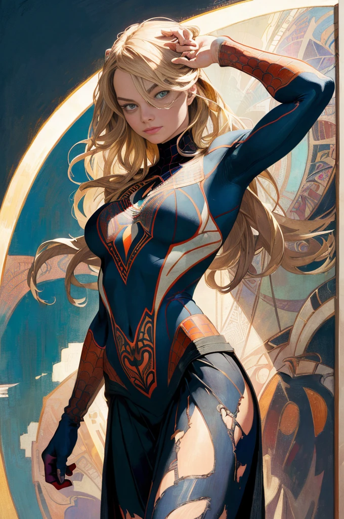 Margot Robbie、Sticking out the navel、newyork、She wears a torn Spider-Man suit,wearing skirt、abstract photorealistic、artistic、Alphonse Mucha's painting(​masterpiece、top-quality、hight resolution:1.4)、detaileds、複雑なdetaileds、4K、color splashes、line-drawing、Fibonacci、