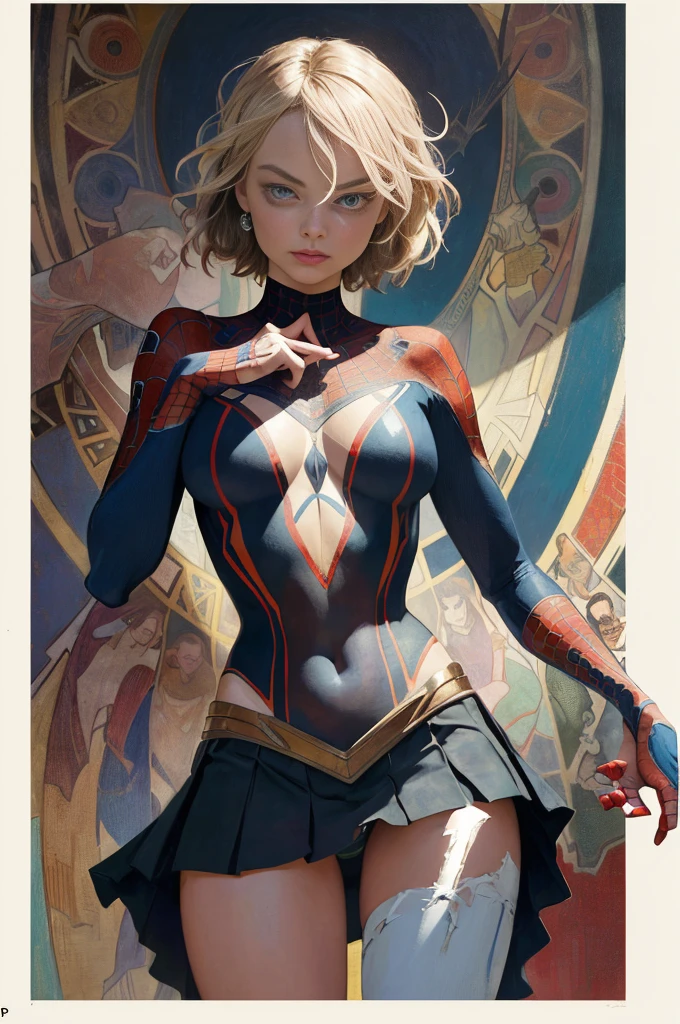Margot Robbie、Sticking out the navel、newyork、She wears a torn Spider-Man suit,wearing skirt、abstract photorealistic、artistic、Alphonse Mucha's painting(masterpiece、top-quality、hight resolution:1.4)、detaileds、intricate-detail、4K、color splashes、line-drawing、Fibonacci、