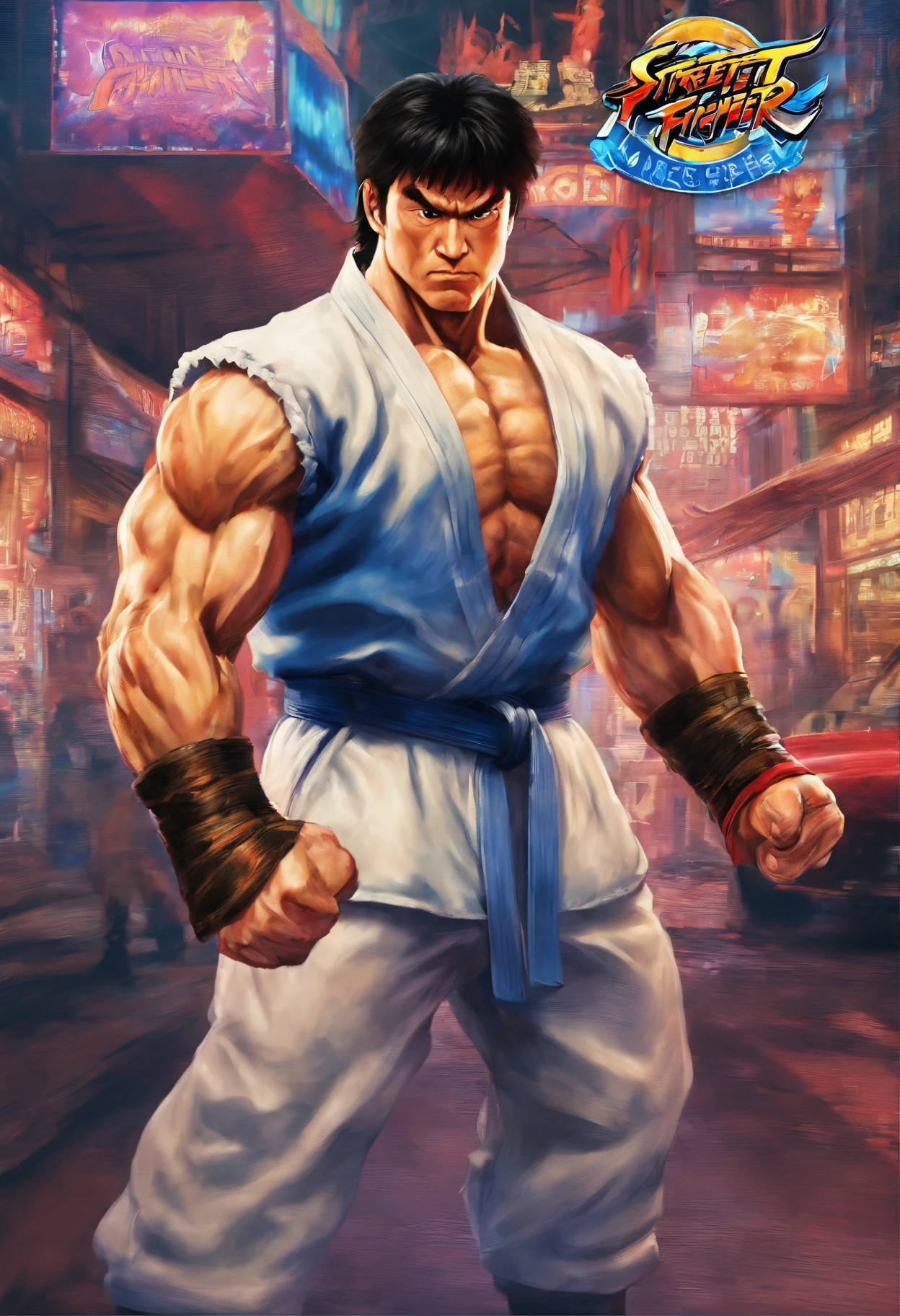 (best quality,8k,highres,masterpiece:1.2),ultra-detailed,(realistic,photorealistic,photo-realistic:1.37),HDR,professional,vivid colors,bokeh, Jackie Chan from street fighter,city scenery,wallpaper