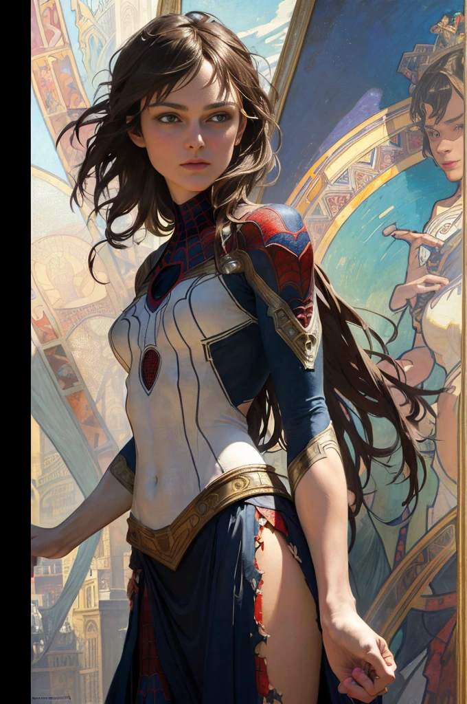 keira knightley、Sticking out the navel、newyork、She wears a torn Spider-Man suit,wearing skirt、abstract photorealistic、artistic、Alphonse Mucha's painting(​masterpiece、top-quality、hight resolution:1.4)、detaileds、複雑なdetaileds、4K、color splashes、line-drawing、Fibonacci、