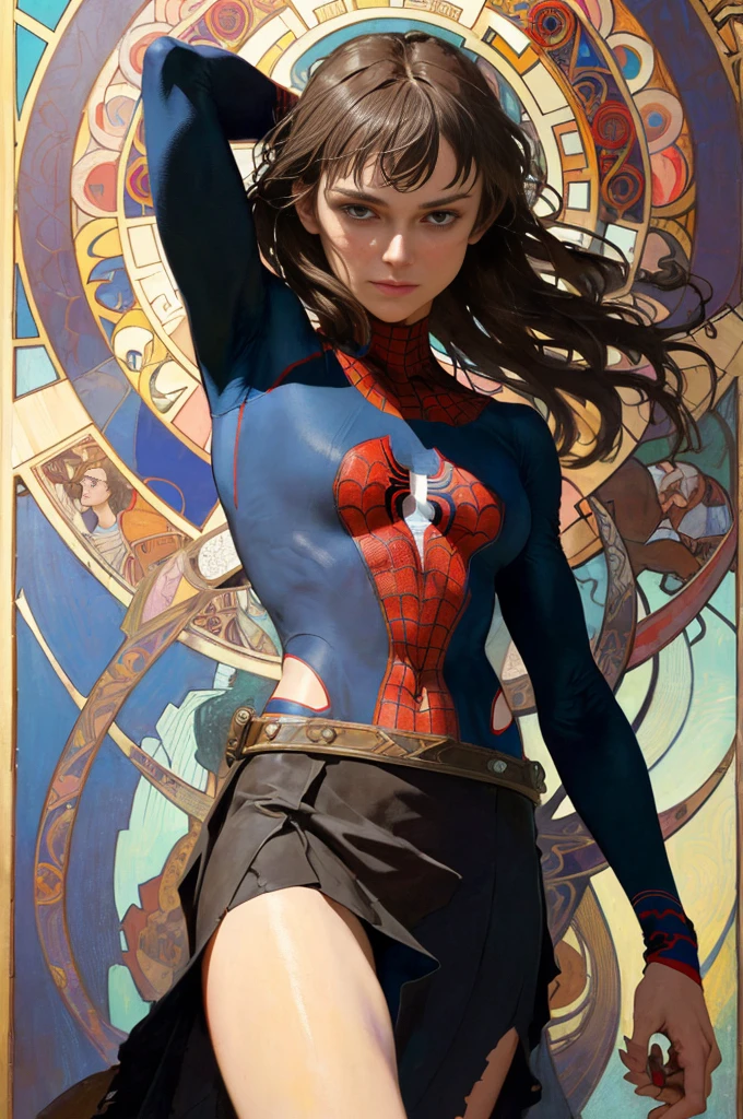 keira knightley、Sticking out the navel、newyork、She wears a torn Spider-Man suit,wearing skirt、abstract photorealistic、artistic、Alphonse Mucha's painting(masterpiece、top-quality、hight resolution:1.4)、detaileds、intricate-detail、4K、color splashes、line-drawing、Fibonacci、