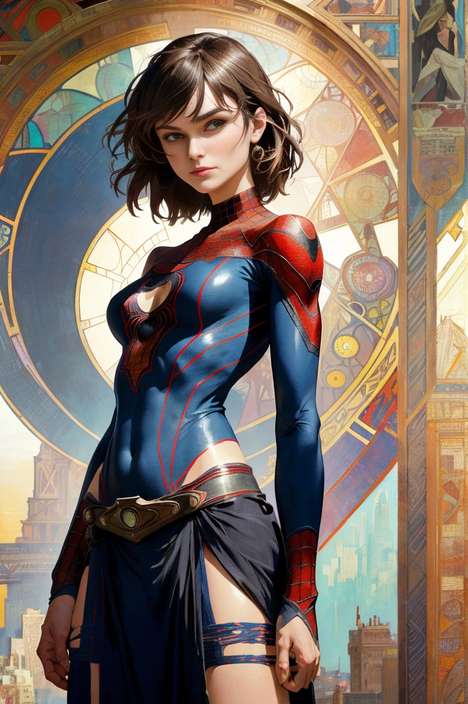 Halle Berry、Sticking out the navel、newyork、She wears a torn Spider-Man suit,wearing skirt、abstract photorealistic、artistic、Alphonse Mucha's painting(masterpiece、top-quality、hight resolution:1.4)、detaileds、intricate-detail、4K、color splashes、line-drawing、Fibonacci、
