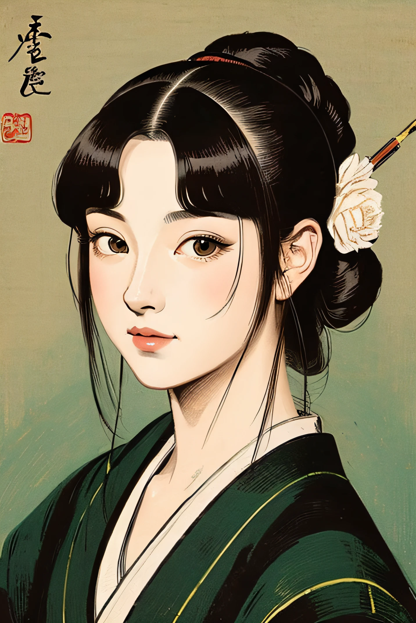 Let's draw a beautiful woman with beautiful eyes from the Edo period staring intently in a paint style..