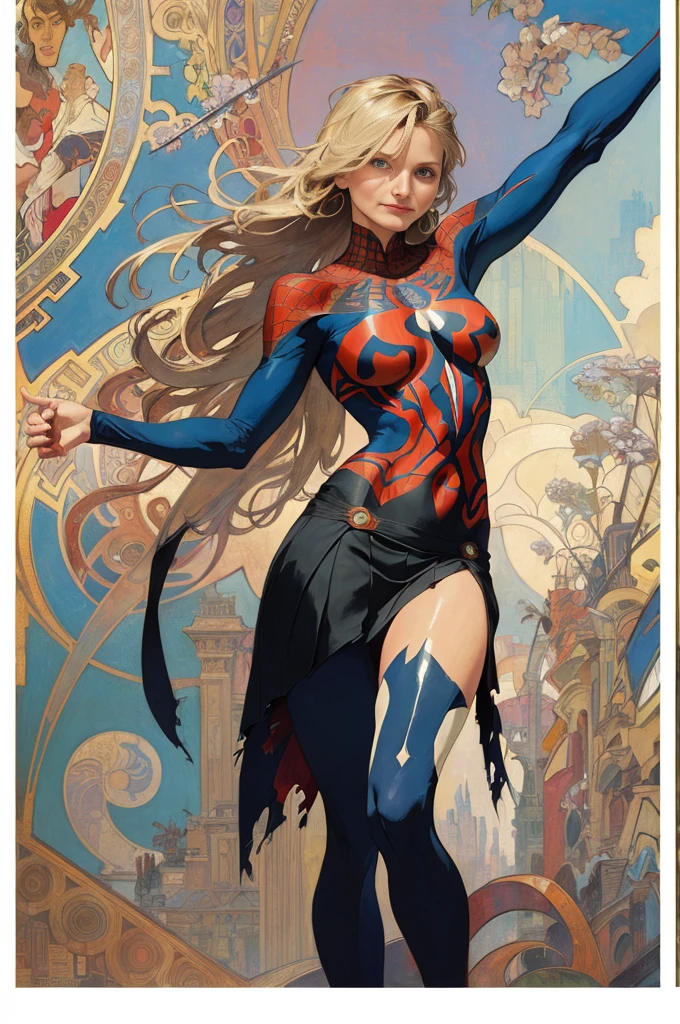 Olivia Wilde、Sticking out the navel、newyork、She wears a torn Spider-Man suit,wearing a skirt、abstract photorealistic、artistic、Alphonse Mucha's painting(masterpiece、highest quality、High resolution:1.4)、detailed、複雑なdetailed、In 4K、color splash、line drawing、fibonacci、