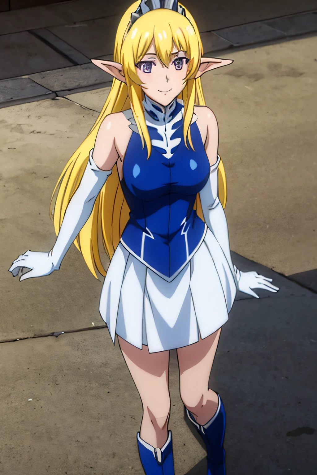 NinaAslato, 1girl, elf, pointy ears, blonde hair, long hair, purple eyes, jewelry, tiara, blue turtleneck leotard, miniskirt, knee boots, elbow gloves, 1girl, solo, upper body, facing viewer, looking at viewer, smile,