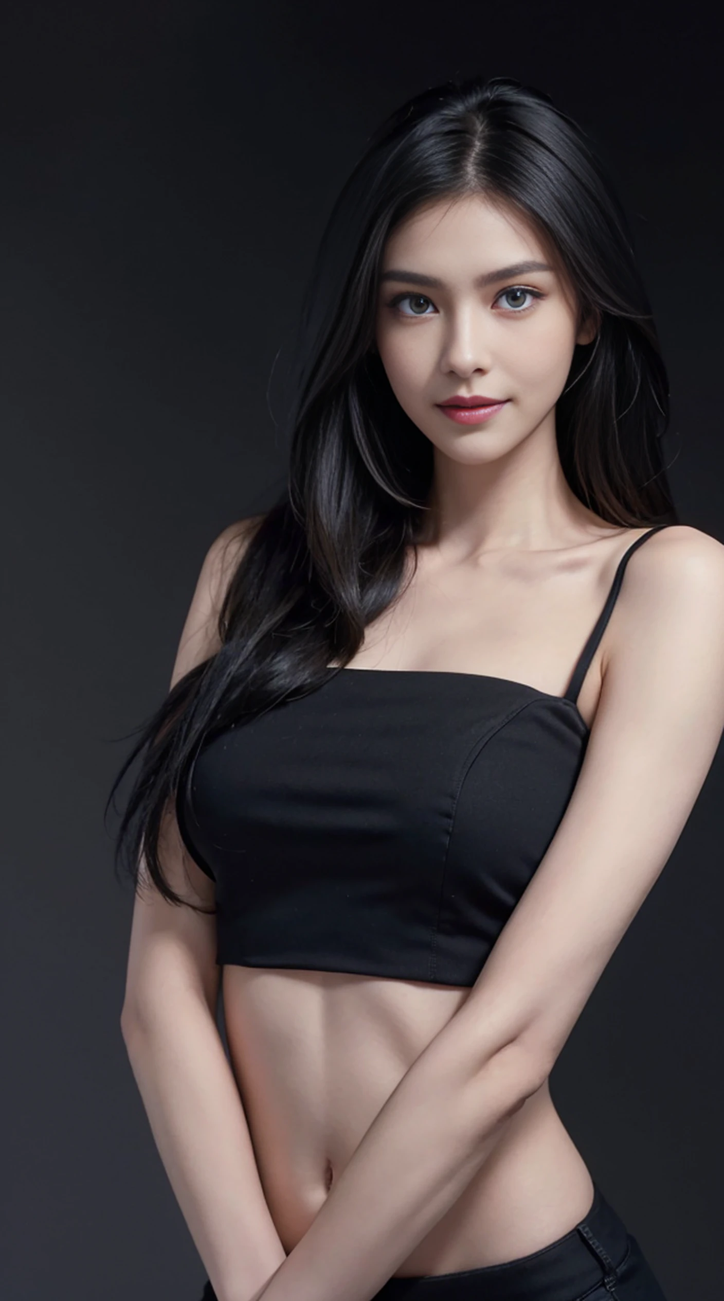 8K, Top Quality, Intricate Details, Ultra Detail, Ultra High Resolution, Masterpiece, full body,  Slender, Smile, (Makeup: 0.4), (Fluffy Blue Eyes: 1.21), blue Eyes, looking at viewer, ((full body)), 1girl, solo, 1 girl, (( full body)), , , ((tall)), (((fit body))), (((slim face))), sharp face, sharp eyes, (((black hair, long hair , random hairstyle )) , (detailed face), sharp face, small lips, hand behind, both hand behind,
 (( )), ((crop top)),  detailed face, detailed breast, , large breast, detail ass, , Beautiful girl with accentuated slender abs: 1.4, Six Pack Abs: 1.4, Bust Botox, Big, Perfect Body, detail leg, (( dark background)), black background, full body,