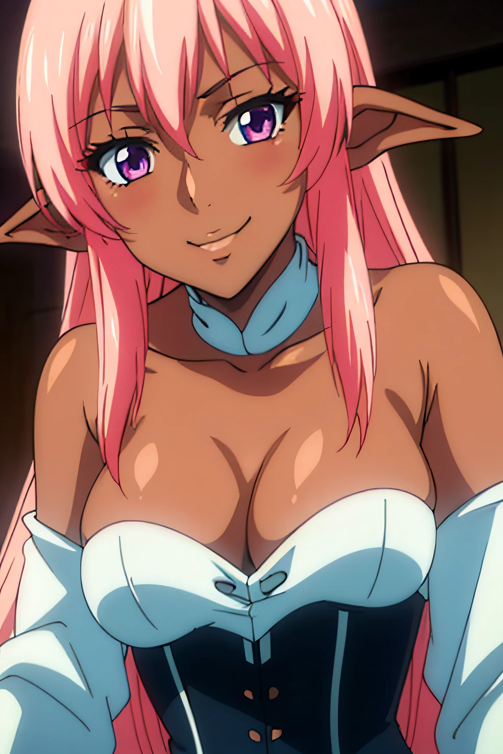 NinaAslato, 1girl, elf, dark-skinned female, dark persona, pointy ears, pink hair, long hair, purple eyes, jewelry, tiara, corset, panties, cleavage, bare shoulders, 1girl, solo, upper body, facing viewer, looking at viewer, smile,