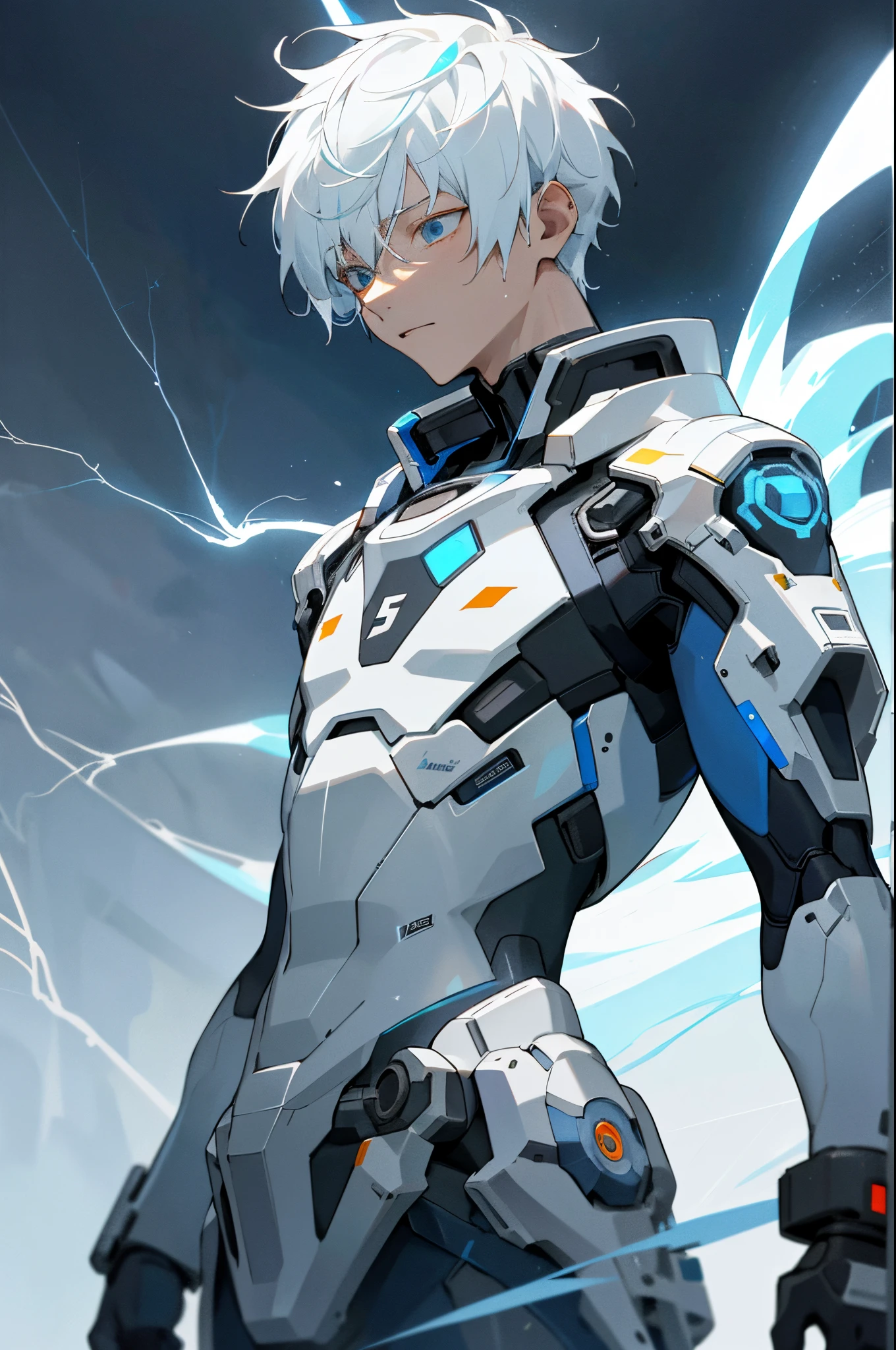 A 15-year-old teenage boy with an albino skin tone. He is an engineer and artificer, without facial or body hair. His hair is short and straight, colored white. The boy is wearing a futuristic cyberpunk in black and blue, futuristic style clothes, adorned with white lightning patterns. He is surrounded by an aura of white lightning, with a background featuring a scenery of rapid lightning and thunder. Thunder powers.