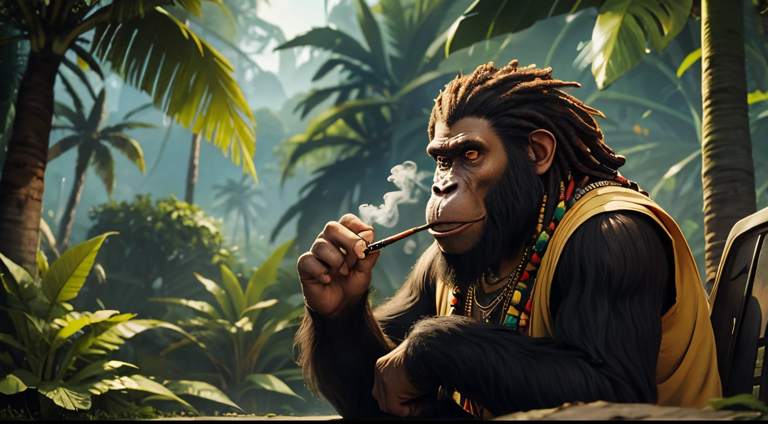 An rasta Ape smokin a joint at the jungle