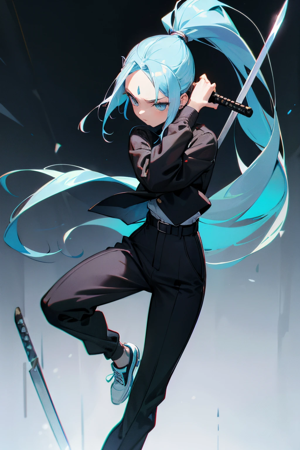 she has long, light blue hair with that extends past her shoulders and frame her forehead. She also has dark, triangular eyebrows and asymmetric bangs. She wears a black, long-sleeved jacket over a light-colored button-down shirt and a black tie, pants, socks, shoes, and a belt that she uses to hold her sword. While training, She has her hair tied in a ponytail and wears a dark-colored track suit.