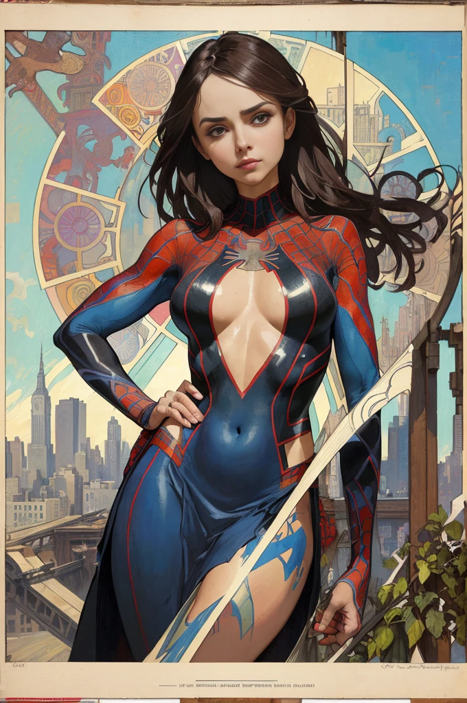 Anna Torv、Sticking out the navel、newyork、She wears a torn Spider-Man suit,wearing skirt、abstract photorealistic、artistic、Alphonse Mucha's painting(masterpiece、top-quality、hight resolution:1.4)、detaileds、intricate-detail、4K、color splashes、line-drawing、Fibonacci、