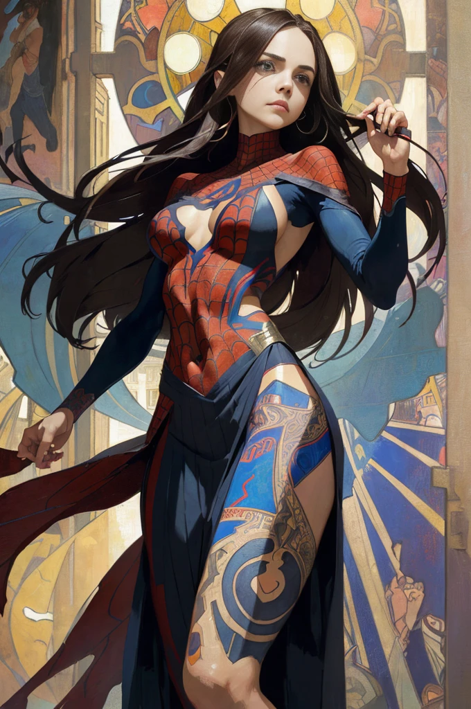 Eliza Dushku、Sticking out the navel、newyork、She wears a torn Spider-Man suit,wearing skirt、abstract photorealistic、artistic、Alphonse Mucha's painting(masterpiece、top-quality、hight resolution:1.4)、detaileds、intricate-detail、4K、color splashes、line-drawing、Fibonacci、
