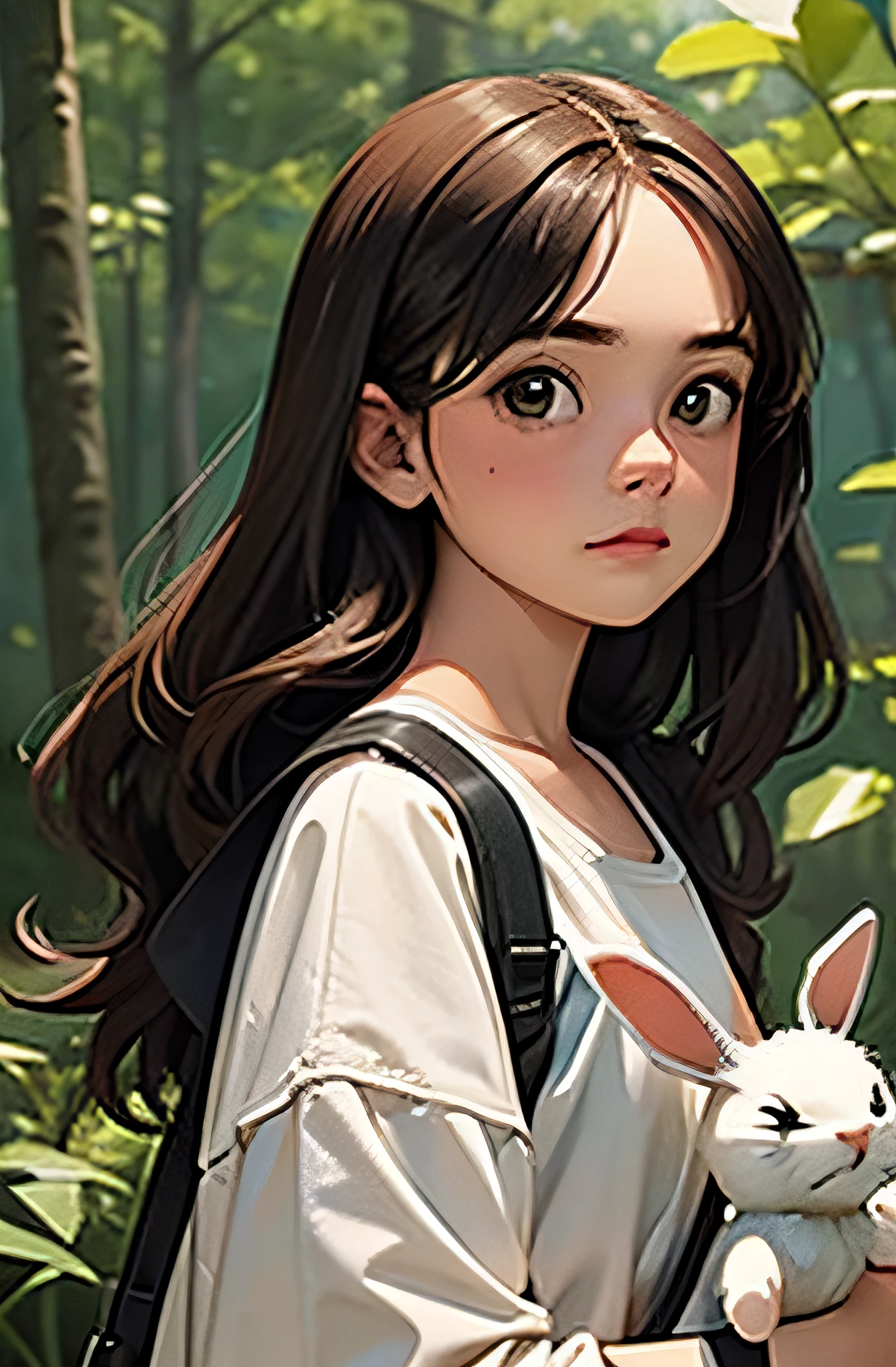 jovem adolescente com cara de bagunceira de cabelos longos e bem cacheados castanhos, com roupas simples, olhos castanhos, in simple clothes holding a stuffed bunny in a medieval forest