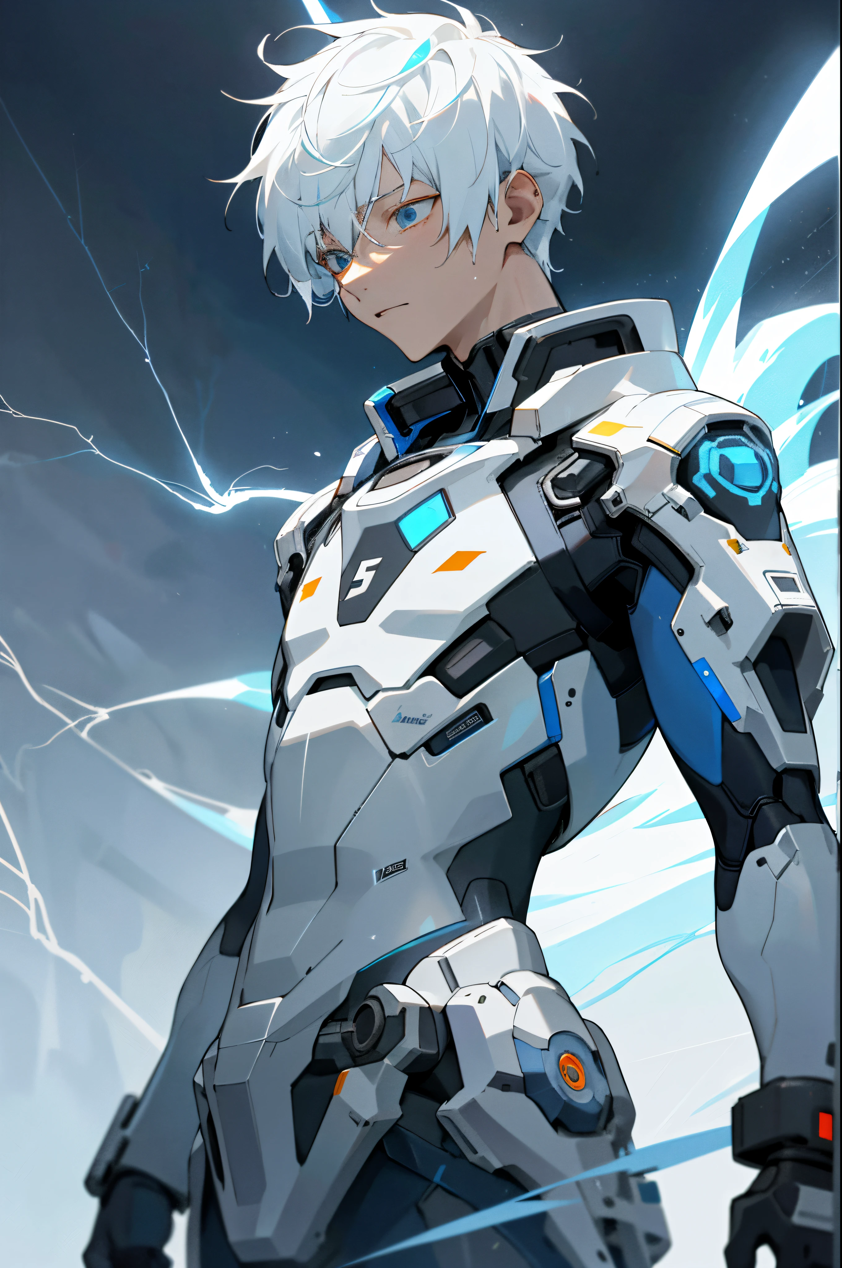 A -yeld teith an albino skin tone. He is an engineer and artificer, without facial or body hair. His hair is short and straight, colored white. The boy is wearing a futuristic cyberpunk in black and blue, futuristic style clothes, adorned with white lightning patterns. He is surrounded by an aura of white lightning, with a background featuring a scenery of rapid lightning and thunder. Thunder powers.