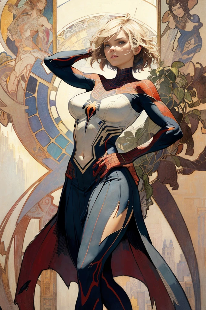 Elisha Cuthbert、Sticking out the navel、newyork、She wears a torn Spider-Man suit,wearing skirt、abstract photorealistic、artistic、Alphonse Mucha's painting(masterpiece、top-quality、hight resolution:1.4)、detaileds、intricate-detail、4K、color splashes、line-drawing、Fibonacci、